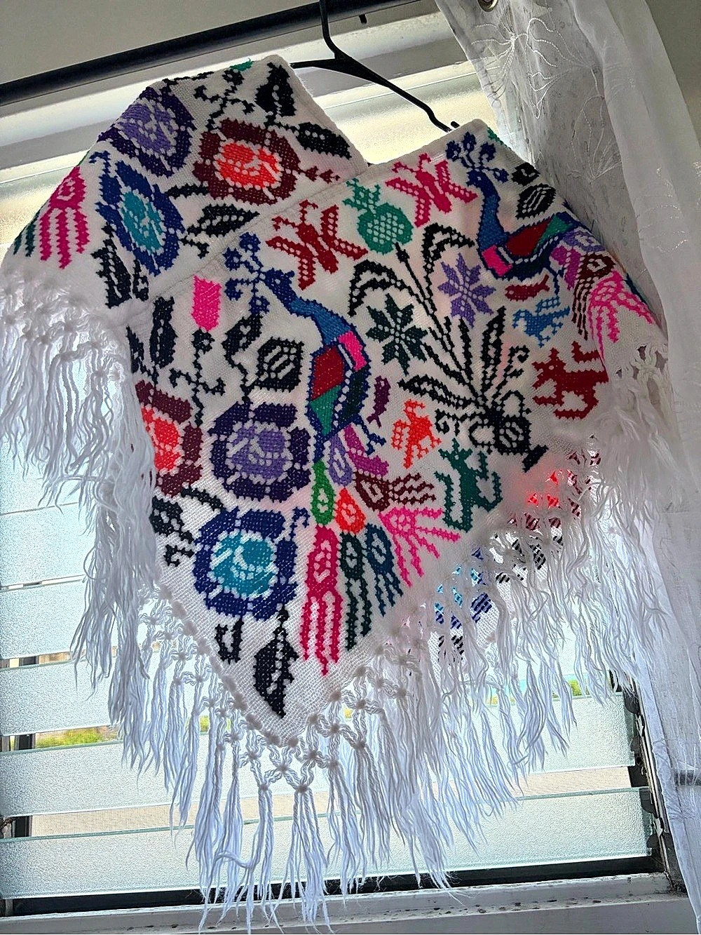 Embroidered Floral Fringe Scarf in White & Multicolor